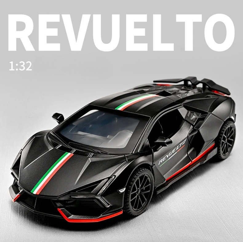 1:32 Revuelto Drifting Car Model Toy Doors Opened Music Light Pull Back Supercar Alloy Body Vehicle Model Boys Birthday Presents