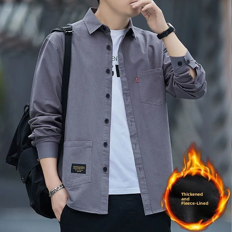 

Winter Thiened Fce Lined Casual Loose Men's Long Sve irt Youth Faion Workwear irt Outerwear No Iron Treaent