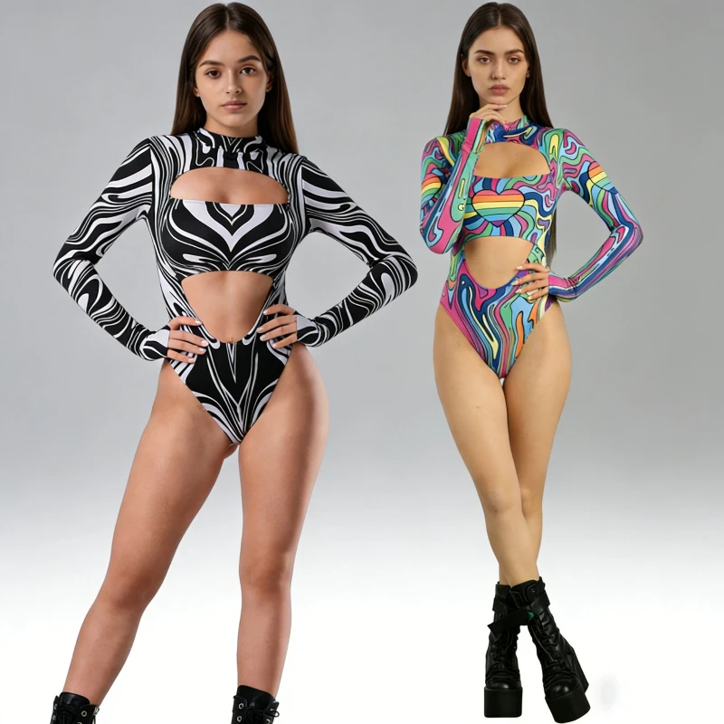 

Colorful Swirl Print Cutout Bodysuit Black White Striped Women Rainbow Heart Swimsuit for Festival Party Stage Cosplay Outfits
