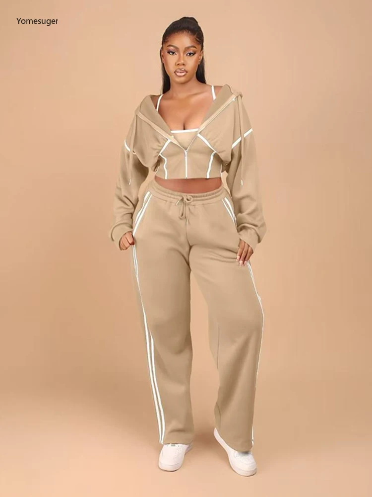 Yomesugar Casualowy Zestaw Polarowy 3-częściowy Damski Kontrastowy Komplet z Wstawkami: Top na Ramiączkach + Kurtka z Kapturem z Długim Rękawem + Spodnie ze Sznurkiem, Dres