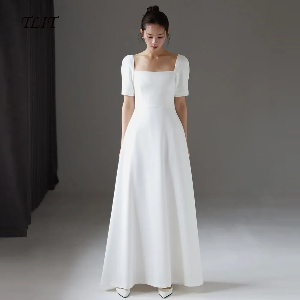 

TLIT Simple White Silk Satin A-Line Wedding Dresses Customized Short Sleeves Bridal Gowns Korea Wedding Dresses Photos Shoot