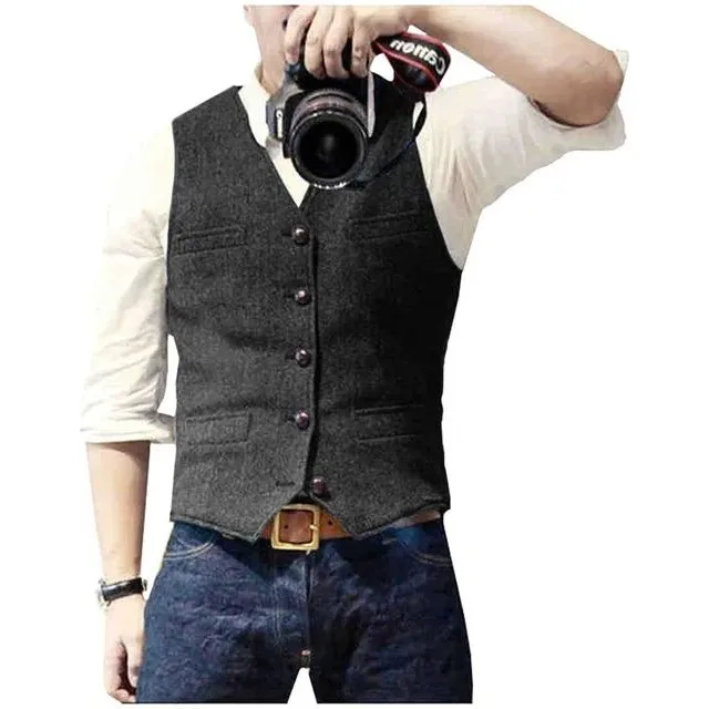

Men's Casual Herringbone Wool Vest V-Ne Double-Cut Suit Waistcoat Special Wide Autumn Faion lin Double-Row Button