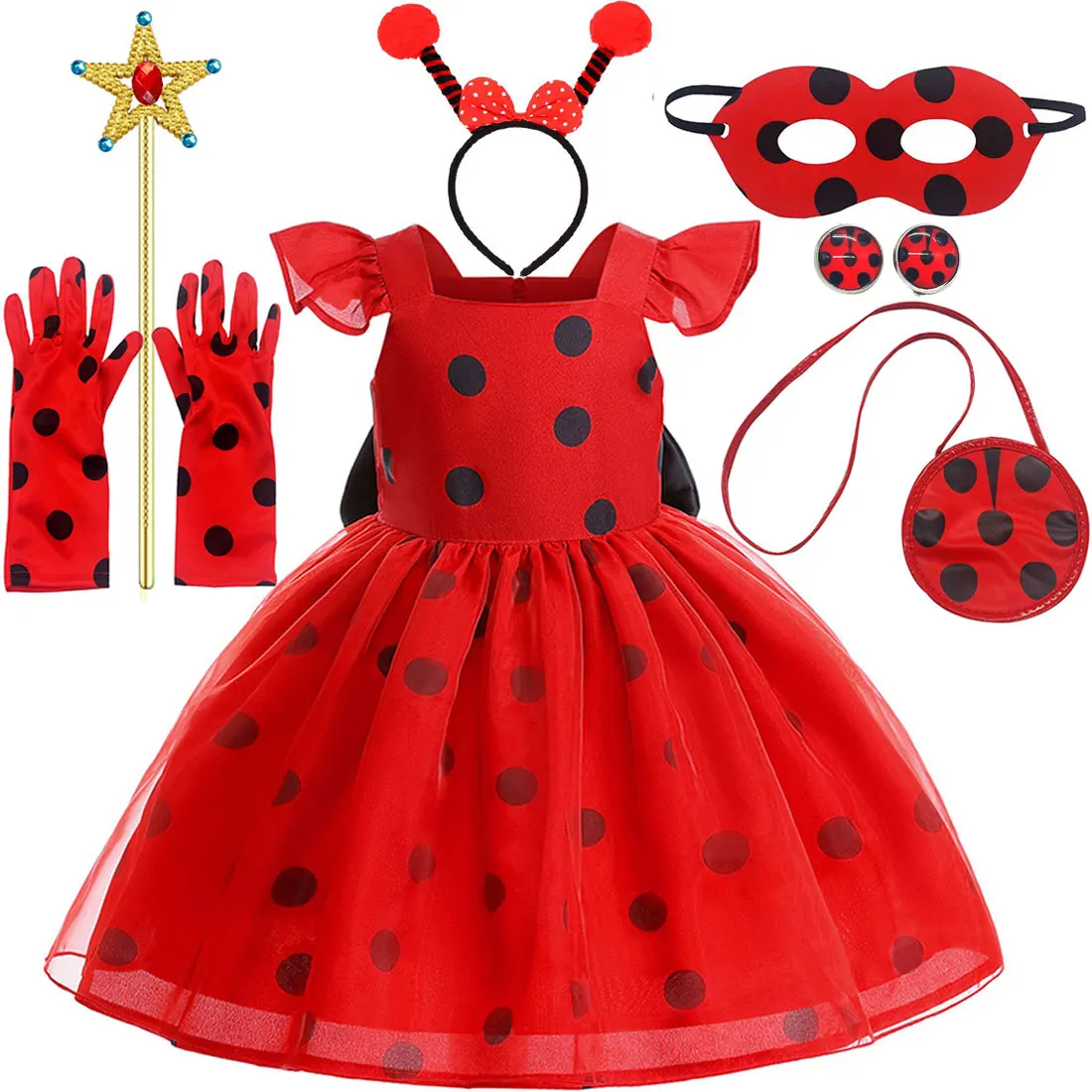 

2025 Girl's Polka Princess Red Dots Dress Children Puffy Dress Halloween Girl Role-Playing Performance Costume Set