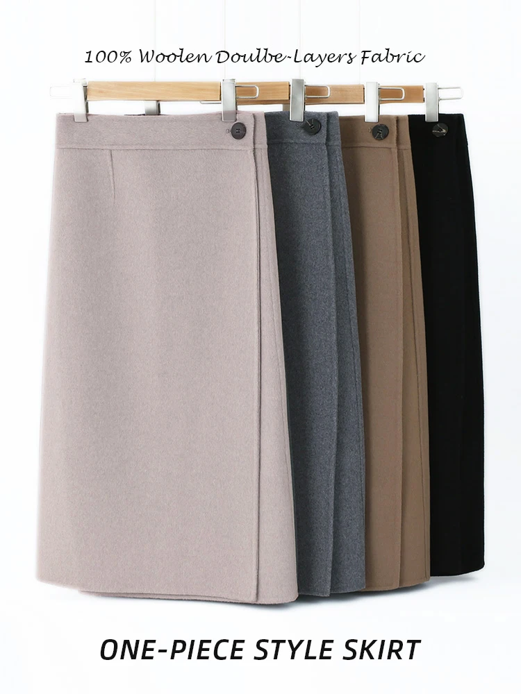 

2024 Spring Women 100% Woolen Skirt One-piece Warp Double-layers Pure Wool Fabric Solid Color Thick Winter Skirt Soft Comfy