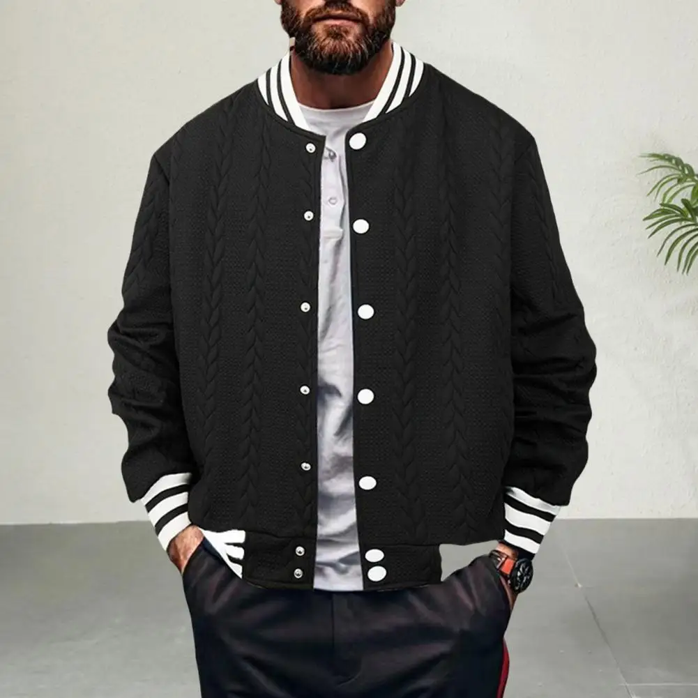 Single-breasted Jacket Stylish Men's Baseball Jacket with Patchwork Design Jacquard Texture Single-breasted for Autumn for Men