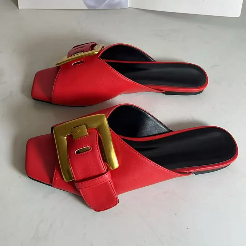 Blue Denim Slippers Woman Open Toe Gold Buckle Decor Flat Shoes Lady Sexy Gladiator Sandals view 3
