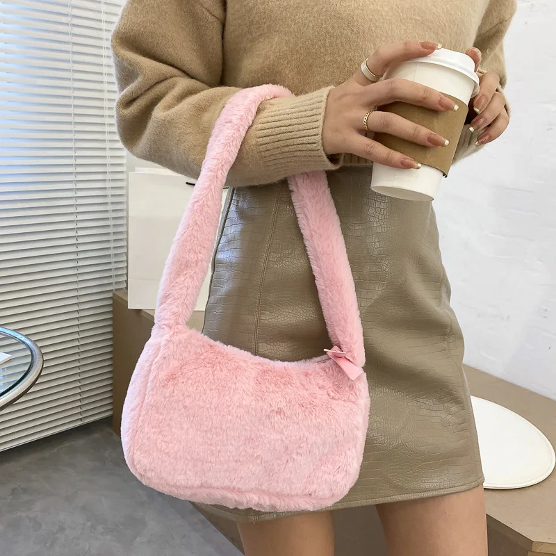 Simple Design Women Soft Plush Hobos Shoulder Bags Winter Furry Ladies Clutch Purse Handbag Fashion Female Underarm Bag