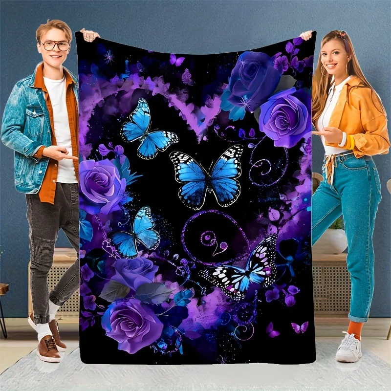 Vintage-Inspired Soft & Warm Plush Blanket with Purple Roses, Heart Garland & Blue Butterfly - Perfect for Living Room, Bedroom,