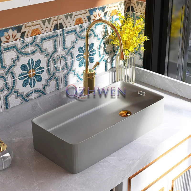 Matte Gray Ceramic Washbasin Home Balcony Countertop Sinks Rectangular Bathroom Vessel Sink With Free Drain Sets 45cm/55cm/65cm