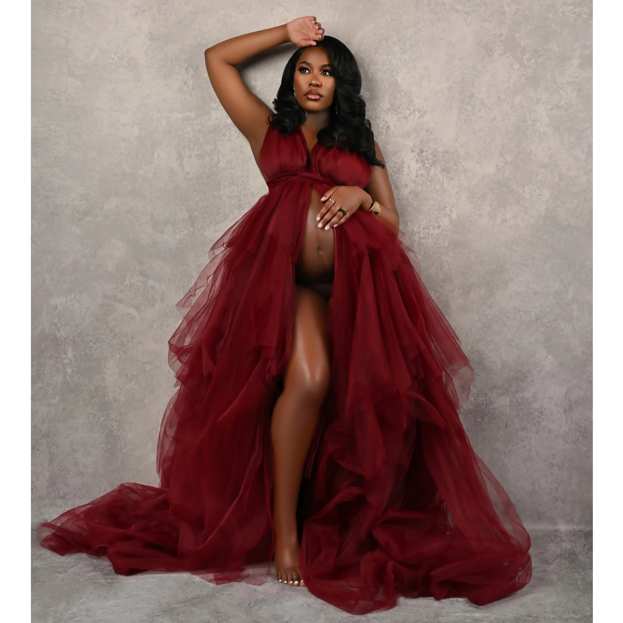 

Dark Red V Neck Maternity Dress A Line Tulle Ruffled Pregnant Women Robes Customized Floor Length Pleats Baby Shower Gowns