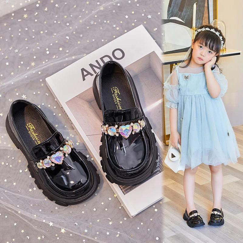 2024 Spring& Autumn Children Little Leather Shoes for Girls Fashion Big Diamond Princess Shoes Soft Sole Lolita Single Shoes