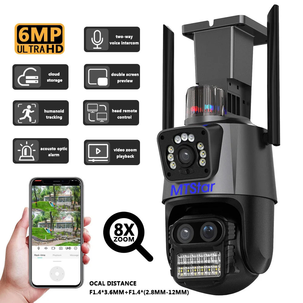 

MTStar 6MP 8X Zoom Dual Lens linkage PTZ Camera Dual Screen Humanoid recognition AI alarm WIFI spherical Security CCTV Surveilla