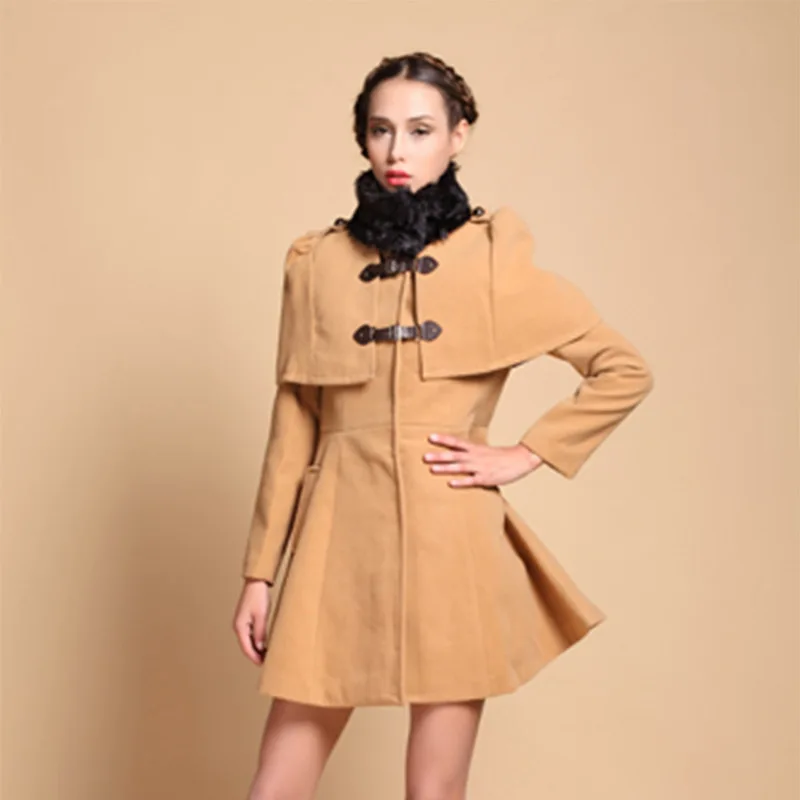 Cloak coat slim-fitting fur collar scarf camel temperament single-breasted woolen medium and long-sleeved wool jacket