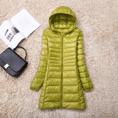 Imagen 2 del producto Chaqueta de plumón de pato blanco de talla grande, chaqueta ligera de plumón para mujer, abrigo de tela interior, sombrero largo de invierno con capucha para mujer