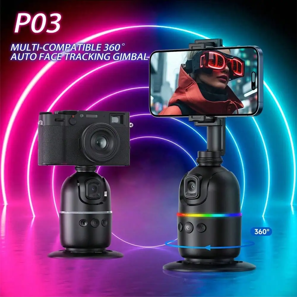 مثبت 360 ° حامل هاتف مكتبي الكل في واحد لتتبع الوجه التلقائي AI Gimbal حامل ثلاثي القوائم للهواتف الذكية ومدونة الفيديو المباشرة