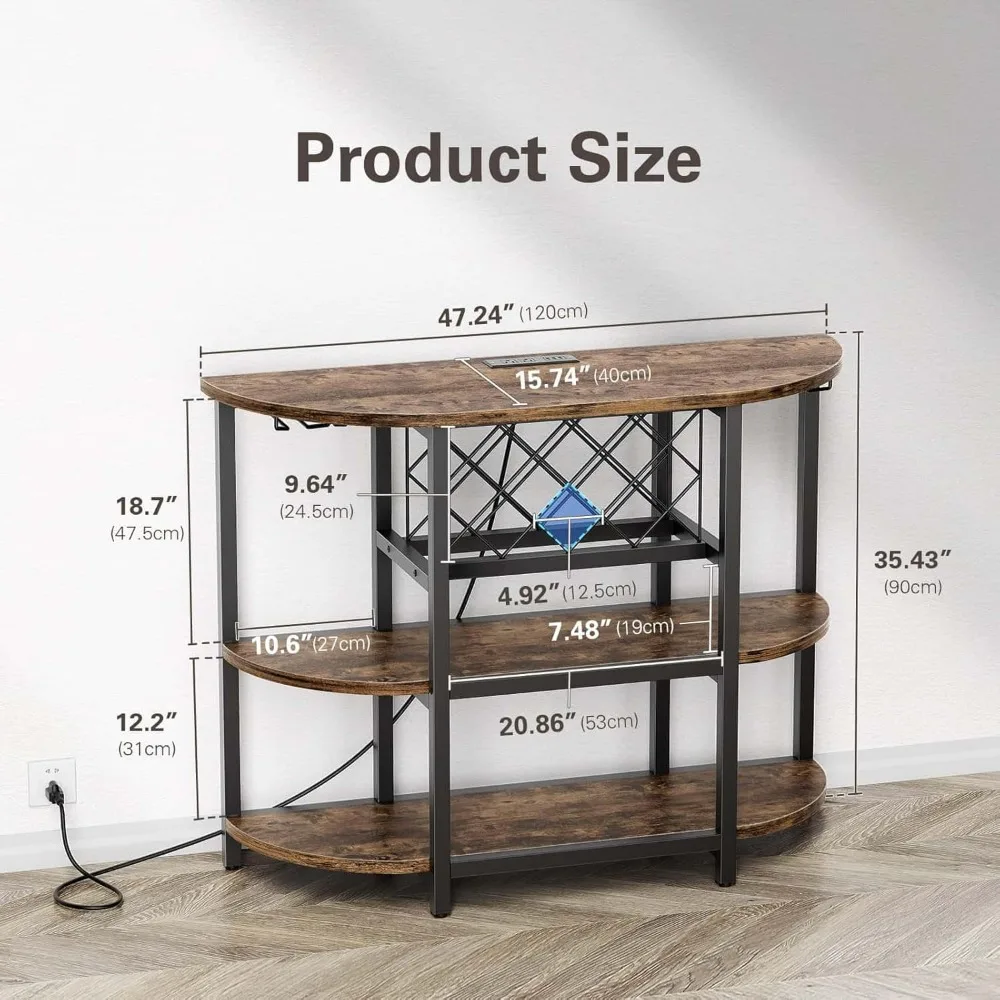 Bar Table Cabinet with Power Outlet , LED Home Mini Bar Cabinet for Liquor,  Metal Wine Bar Stand with 4-Tier Storage