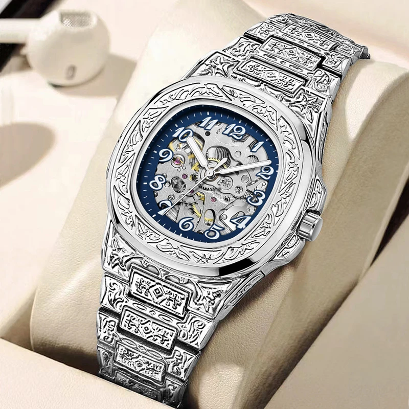 Geschnitzte Vintage-Mode-Herrenuhr, vollautomatische mechanische Uhr, hohles Design, stilvolle Business-Casual-Armbanduhr, vielseitige personalisierte Herrenuhr, das beste Geschenk für Ihn, keine