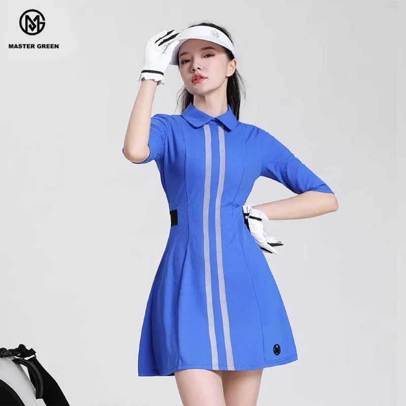 MG Golf Polo Dress Women Half Sleeves Long Dresses Slim High Stretch Quick Drying Blue Stripe Skirt Tennis Golf Apparel Casual