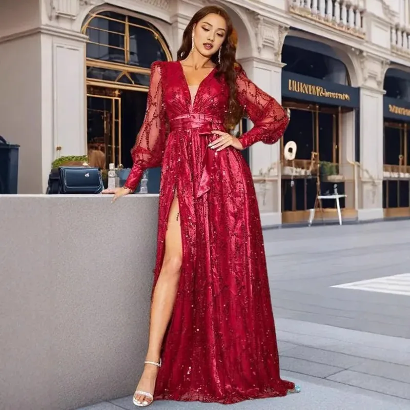 

Новинка 2025, женское весенне-летнее сетчатое платье с блестками для большого банкета, вечернее длинное платье с v-образным вырезом, ярко проложенное платье для официальных дел