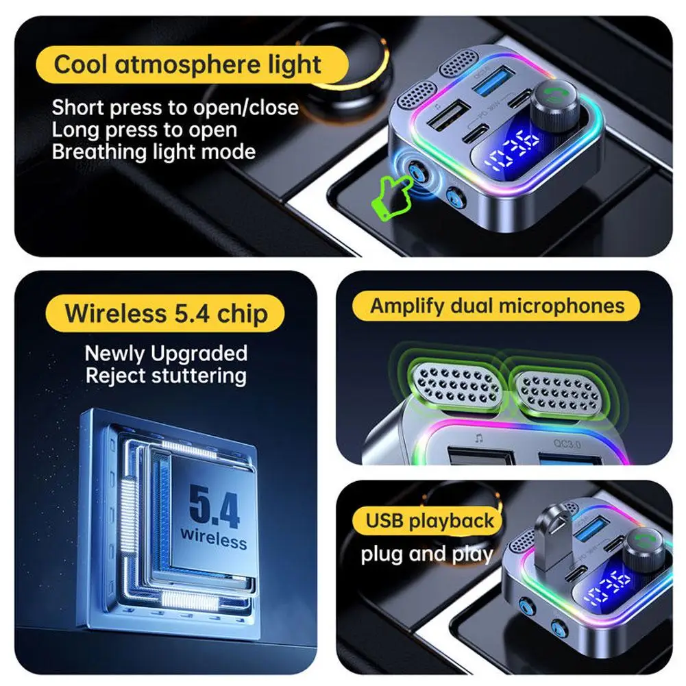 Transmissor fm bluetooth 5.3 para carro, pd 36w qc 3.0 microfone & alta fidelidade baixo som isqueiro rádio música adaptador carregador