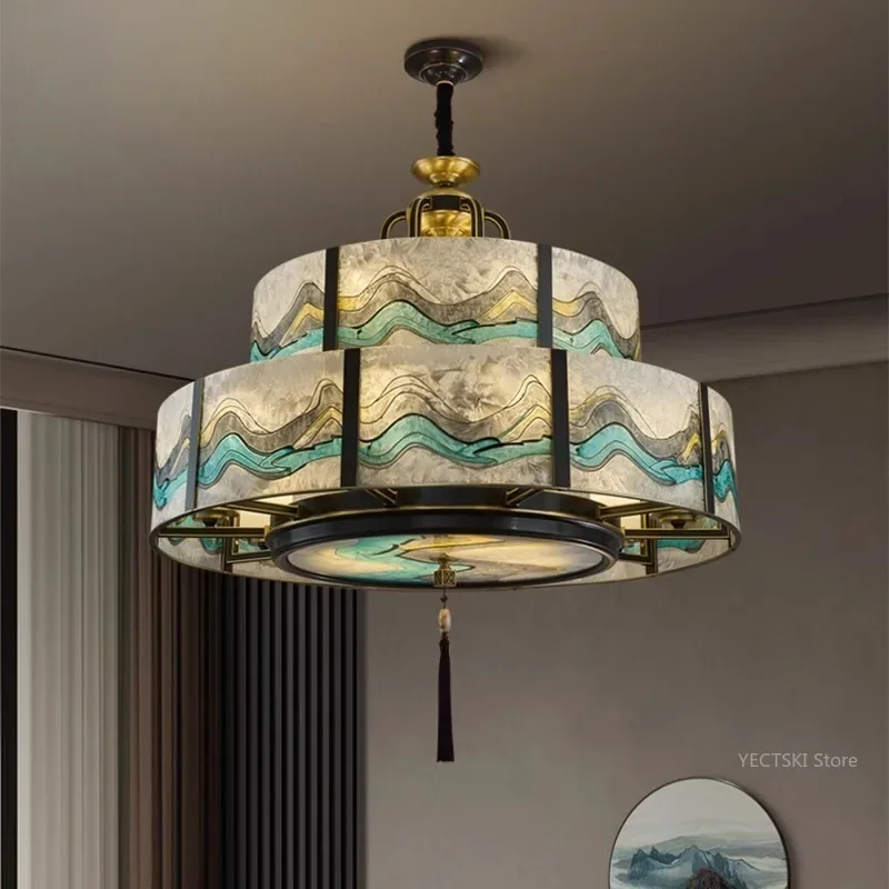 

GHJUYIOL New Chinese style all copper living room pendant light, high-end creative retro villa bedroom study dining room light