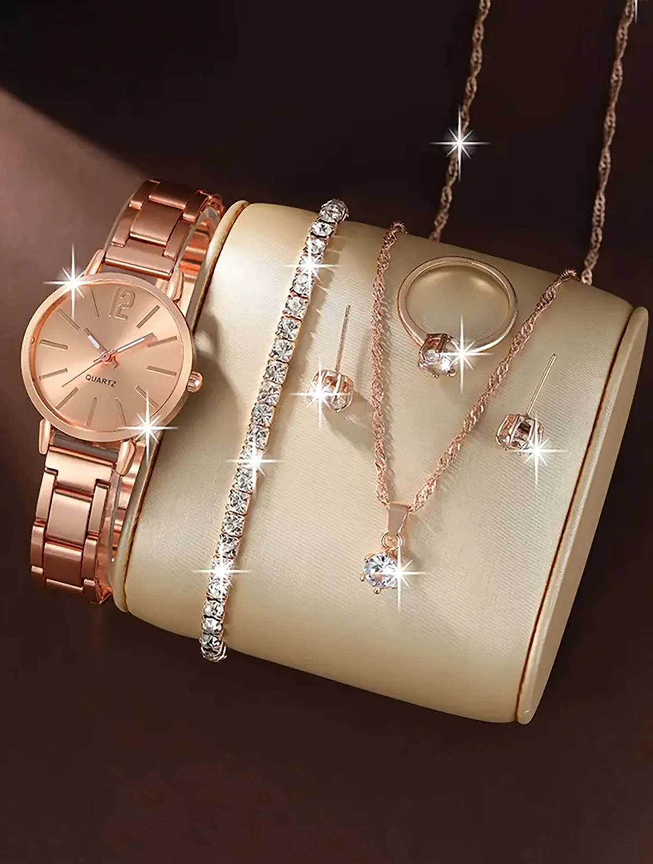 6pcs classic luxury love rhinestone jewelry women's ring necklace Earrings bracelet set digital scale alloy quartz watch