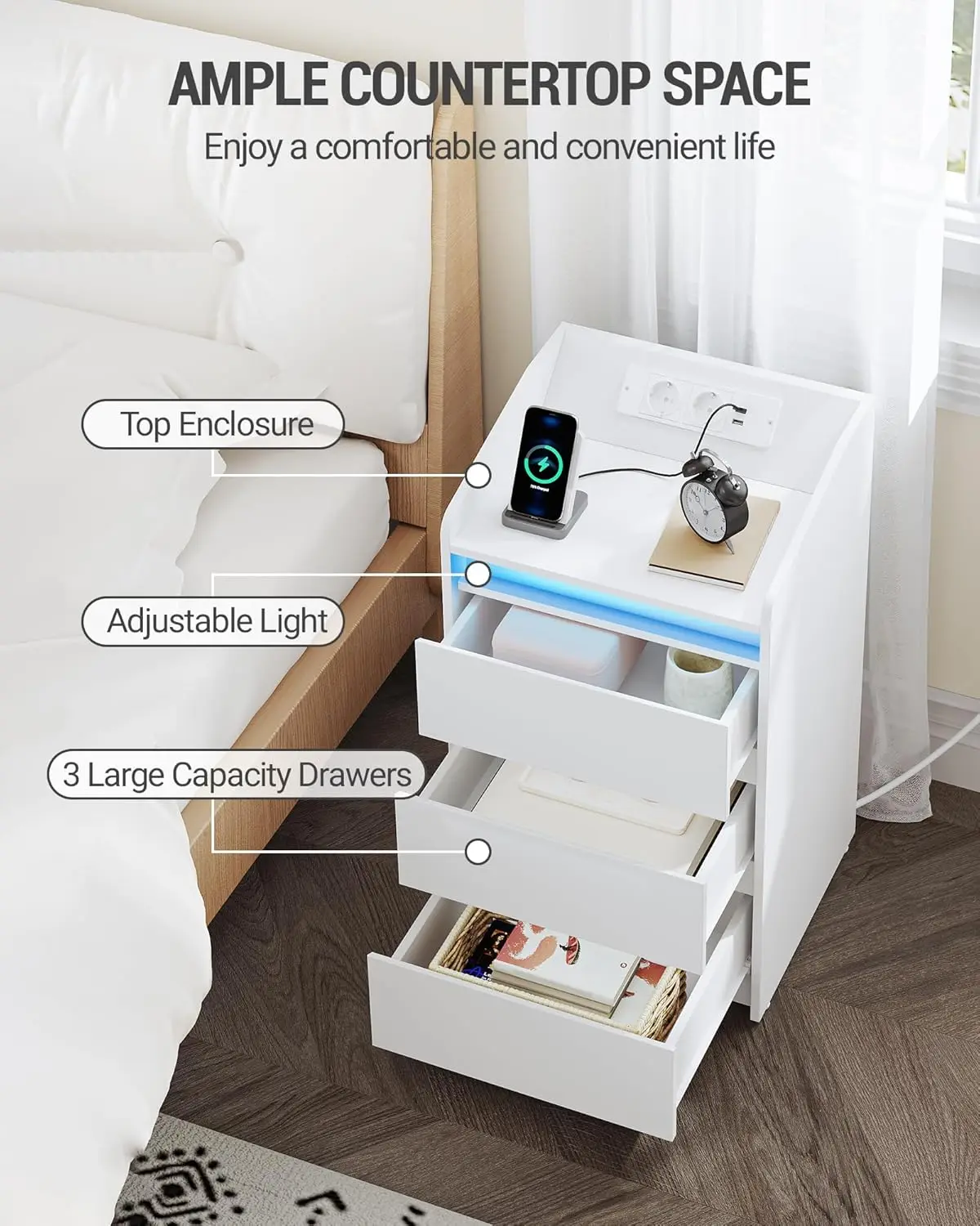 Mesilla de Noche con 3 Cajones Mesa Auxiliar con Estacional de Carga y LED 2 Tomas CA y 2 Portos USB para Dormitorio Salón Blanco #6
