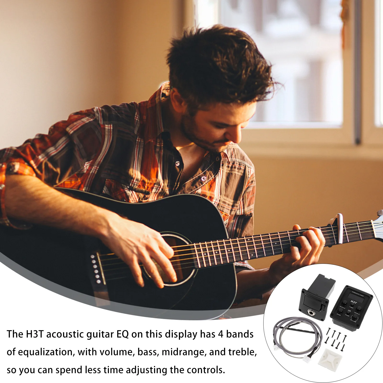 

4 Band Acoustic Guitar Preamp Equalizer Piezo Pickup LCD Display Tuner Volume Bass Treble Middle Control Acoustic Pickup Preamp