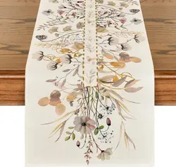 Spring Wildflower Leaves Floral Linen Table Runner Party Decor Reusable Farmhouse Kitchen Dining Table Runner Wedding Decoration