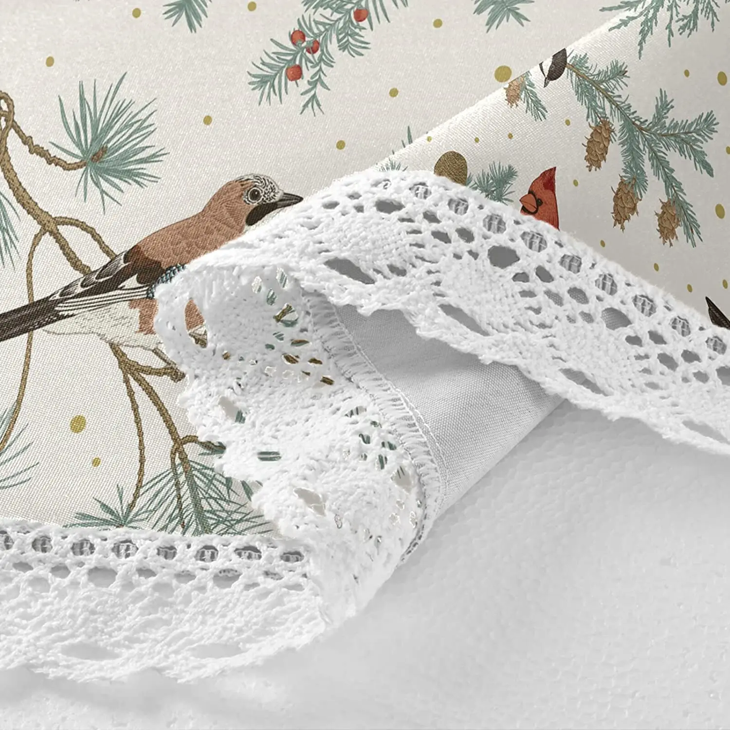 Vintage Tree Cardinal Round Table Cloth Winter Birds Classic Polyester White Lace Tablecloth 60 Inch for Dinner Table Decor