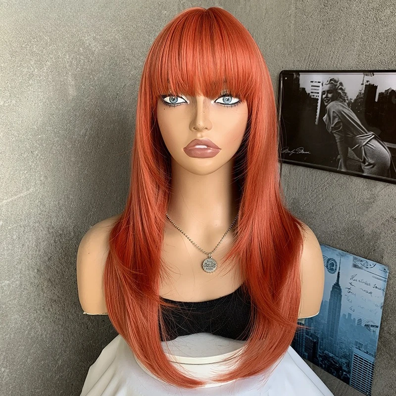 

European and American fashion long straight hair Qi bangs orange matte high temperature silk simulation wig women's headgear