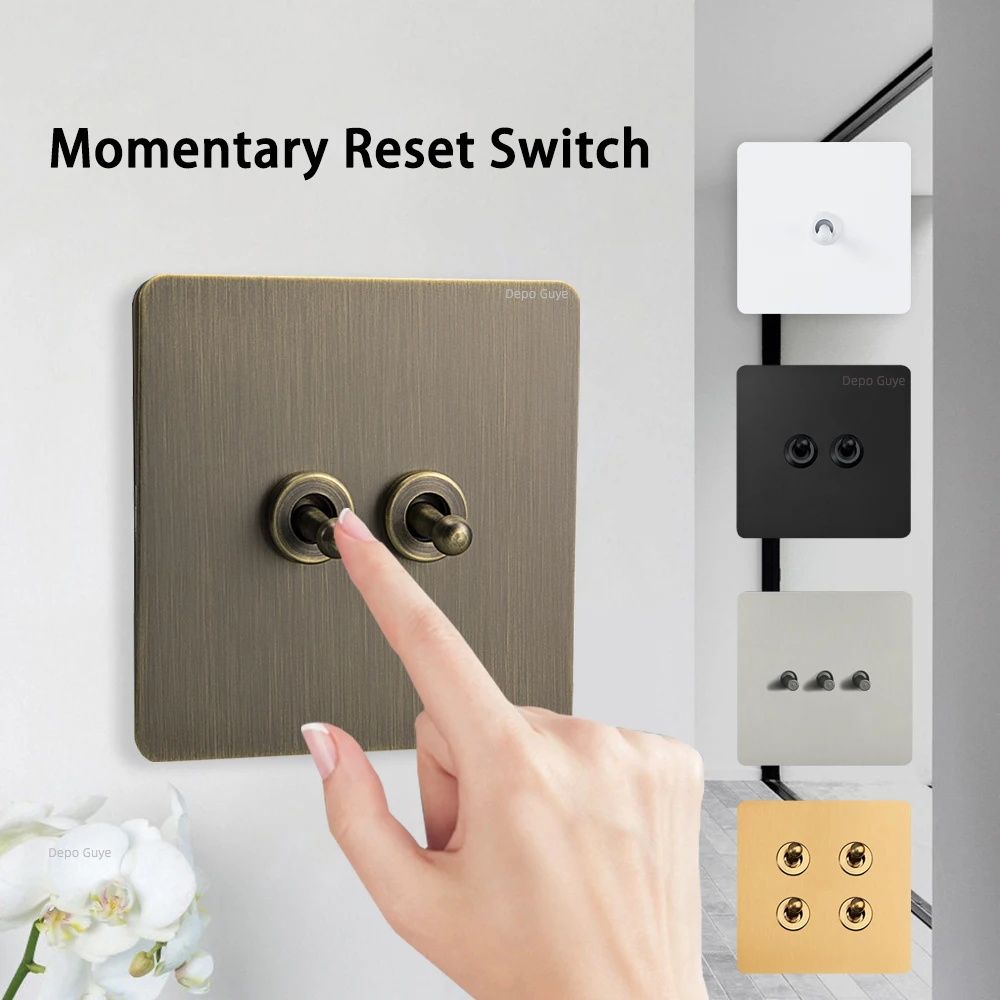 Interrupteur mural rétro à réinitialisation momentanée, levier en laiton, 1-4 gangs, interrupteurs antiques bronzés, panneau en acier inoxydable pour la maison, 86 types