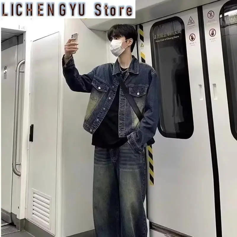 American Street Versatile Washed Color Spring and Autumn RetroDenim Men's Cool Hight Street Drape Versatile Hip Hop Style Jacket