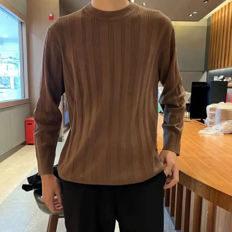 2023 Spring and Autumn Fashion Casual Loose Fashion Stripe Half High Neck Knitted Men's Slim Fit Underlay Solid Color Sweater