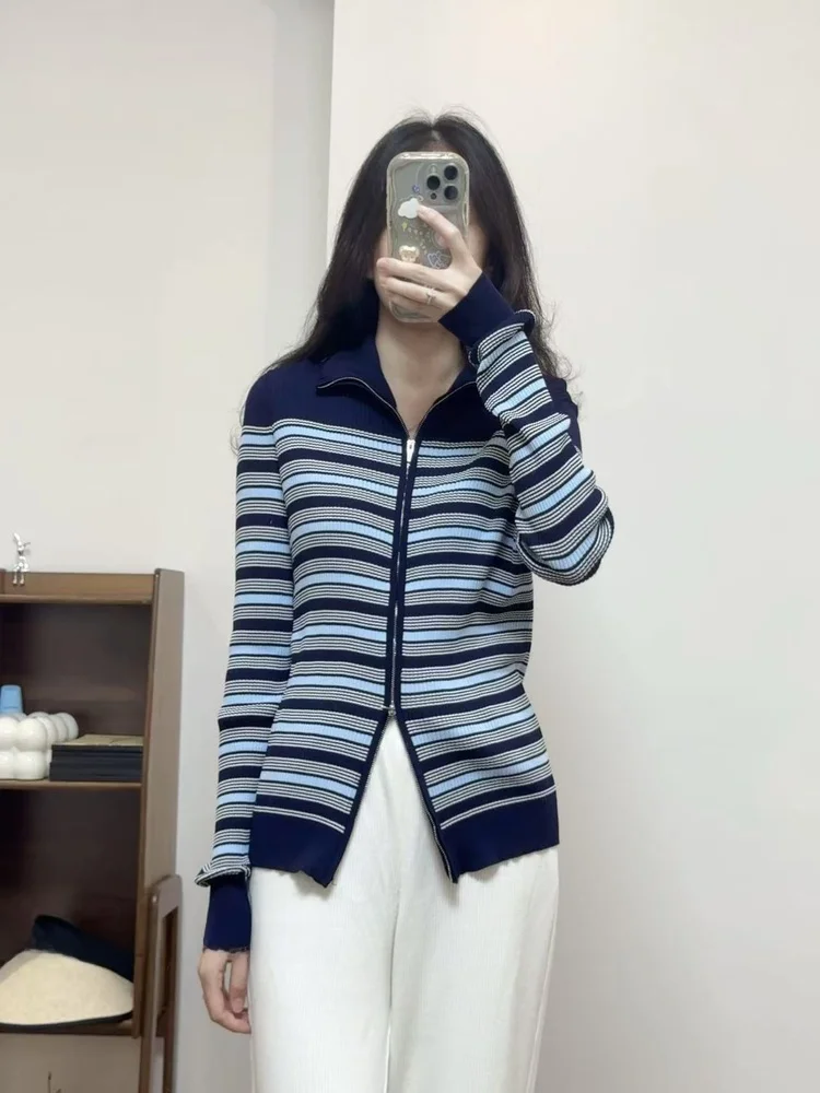 Cárdigan Abierto de Punto para Mujer IRMA, Diseño Clásico Otoñal con Bloques de Color y Rayas, Cuello con Doble Cremallera, E...