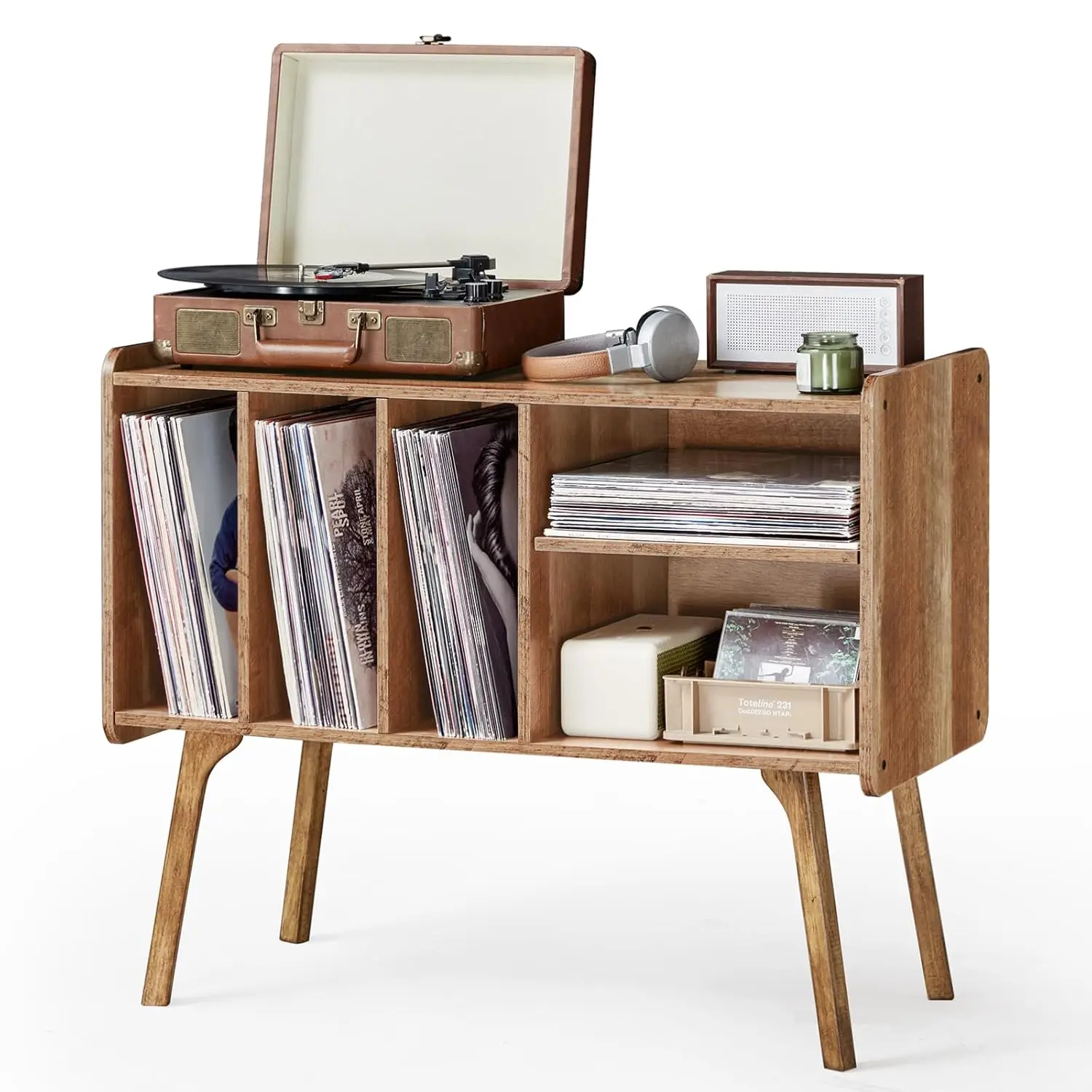 

Record Player Stand with 4 Cabinet Holds Up to 220 Albums, Large Turntable Stand with Beech Wood Legs, Mid-Century, Customized