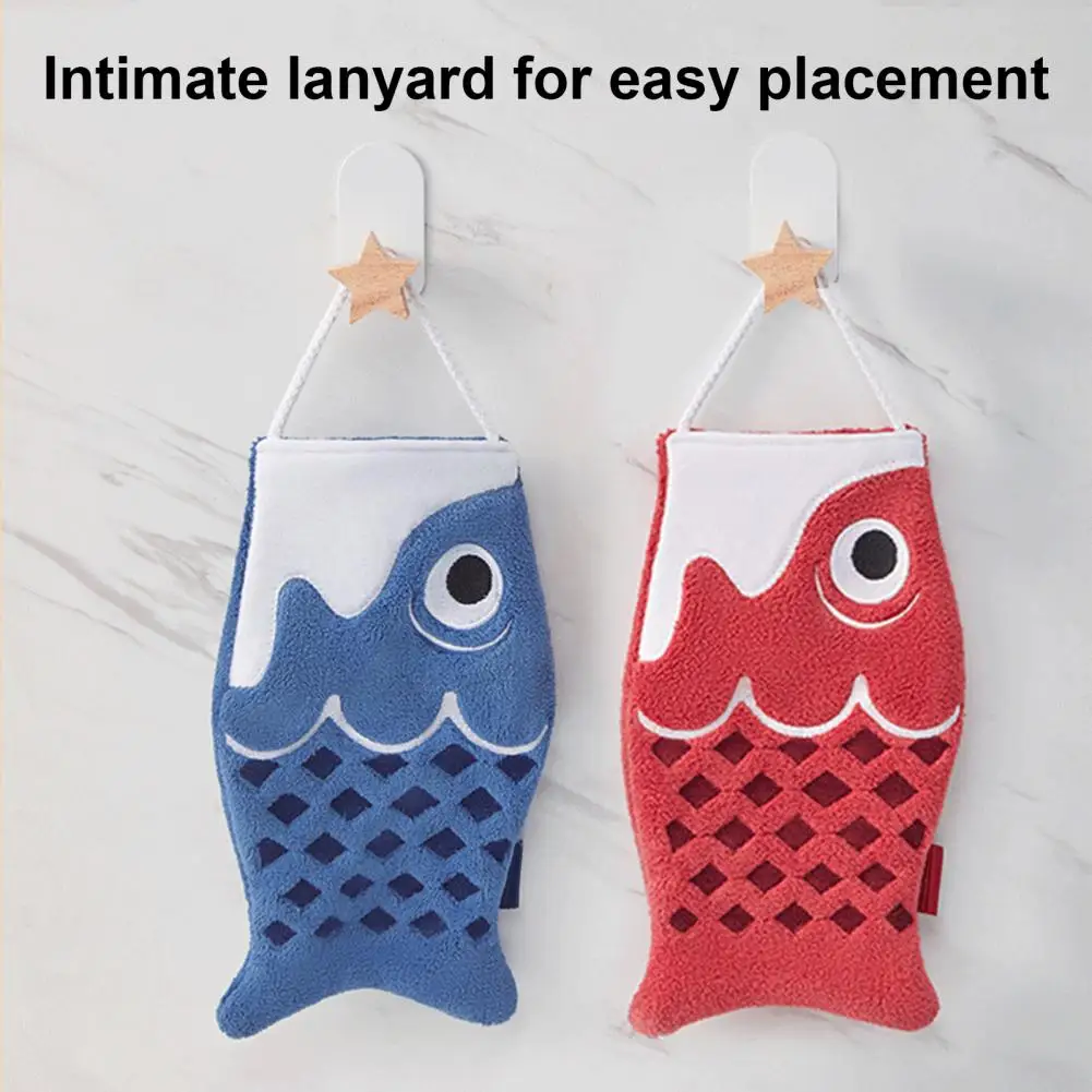 Hand Towel with Lanyard Microfiber Cartoon Fish Shape Quick Dry Absorbent Reduce Water Stains Reusable Hanging Towel