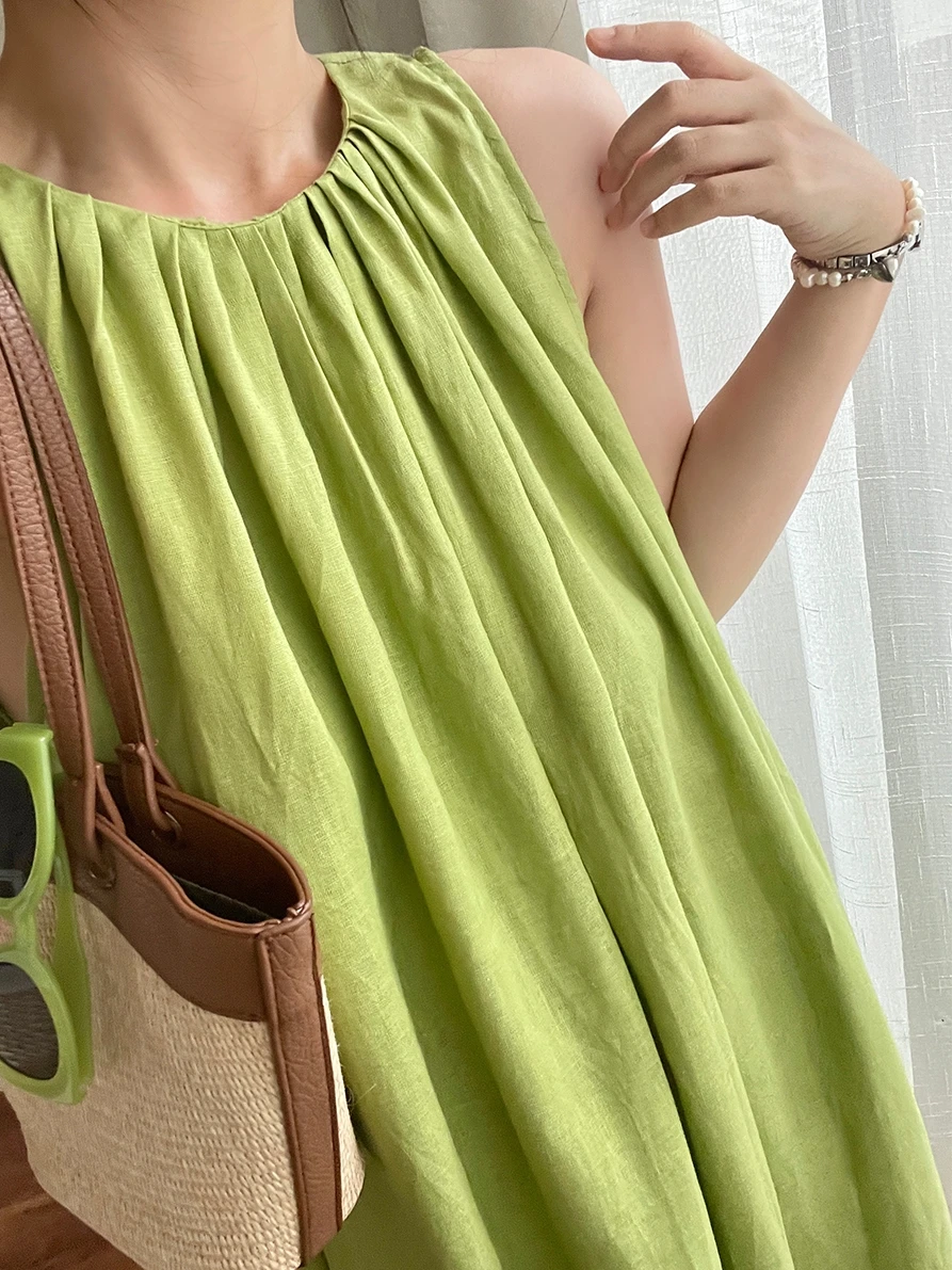 สบายๆสไตล์เสื้อกั๊กผ้าฝ้ายผู้หญิงหลวมยาวรอบคอชุดโรแมนติกบรรยากาศ Vestidos N824