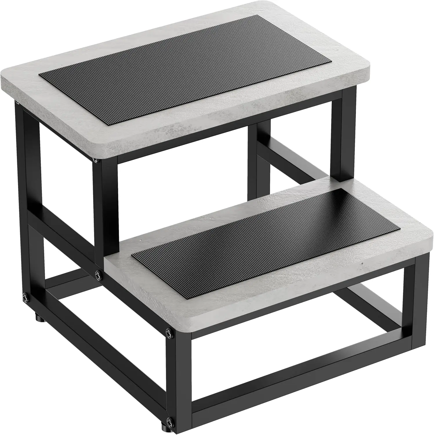 Heavy Duty Step Stool, Non-Slip Metal and Wooden 2 Steps for High Beds and Kitchen, Round Corner, 500 Lbs Capacity, Cement Gray