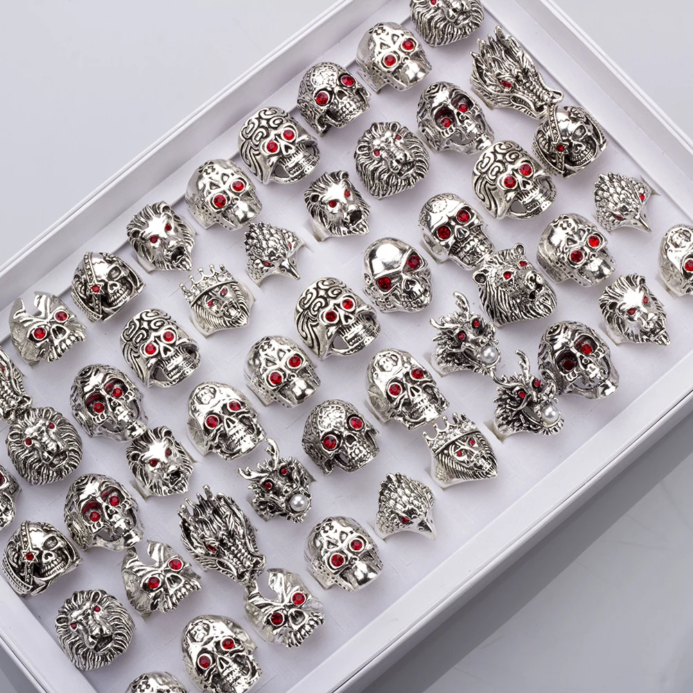 Wholesale 20/50pcs/Lots Crystal Vintage Silver Color Gothic Skull Punk Mix Style Biker Metal Jewelry Mens Rings