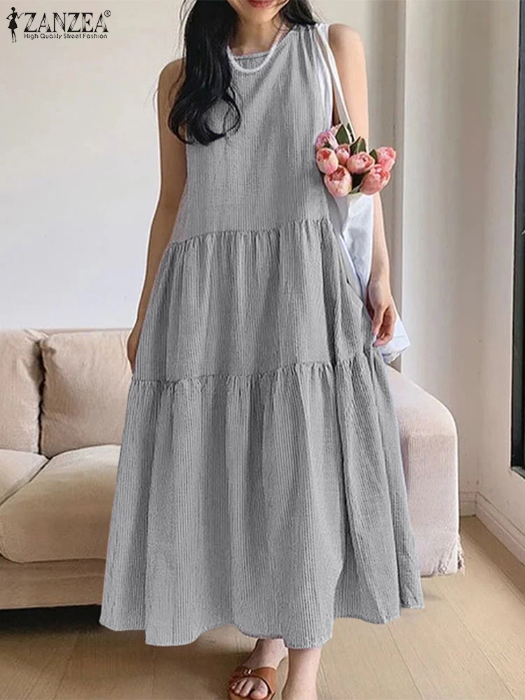 Zanzea verão feminino sem mangas listrado maxi vestido casual o pescoço solto a linha vestidos em camadas moda coreana roupas femininas