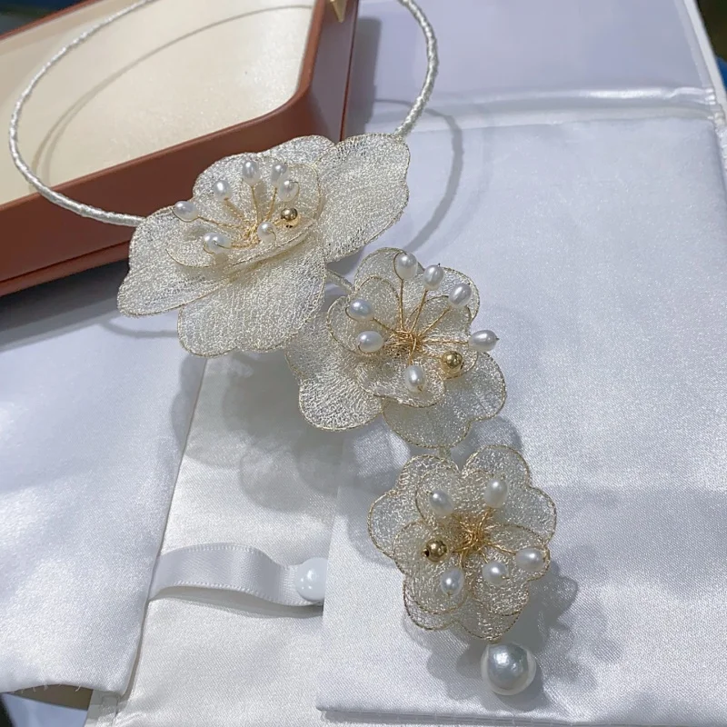 

SGARIT Trending Pearl DIY Italian Craftwork Flower Lace 14k Filled Gold Natural Freshwater Pearl Chocker Necklace for Women