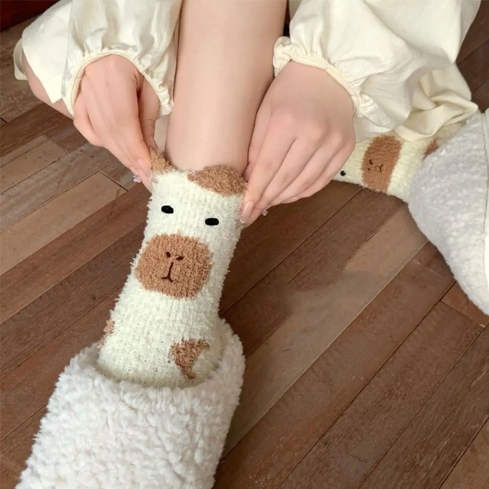 

5Pairs Cute Plush Capybara Fleece Socks Thicken Warm Sleeping Socks Women Soft Hosiery Coral Fleece Socks Girls
