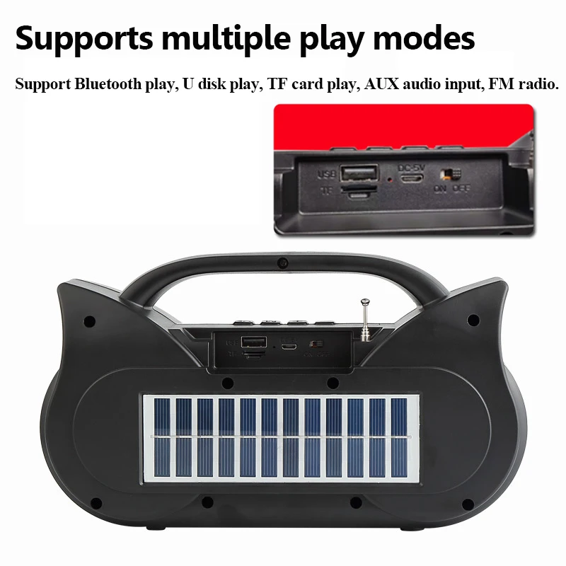Radio FM portátil con carga Solar para exteriores, altavoz estéreo con Bluetooth, manos libres, reproductor de música, compatible con TF, USB y AUX