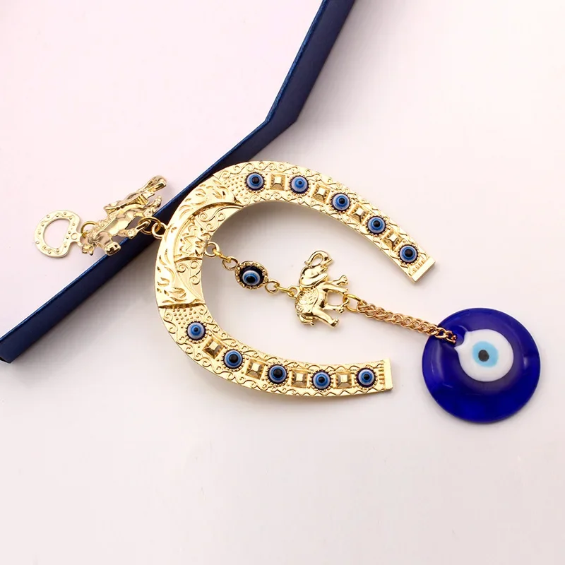 Gold Plated Alloy Horseshoe Evil Eye Wall Hanging Blue Nazar Eye Elephant Pendant Lucky Home Wall Decor Ornament Housewarming