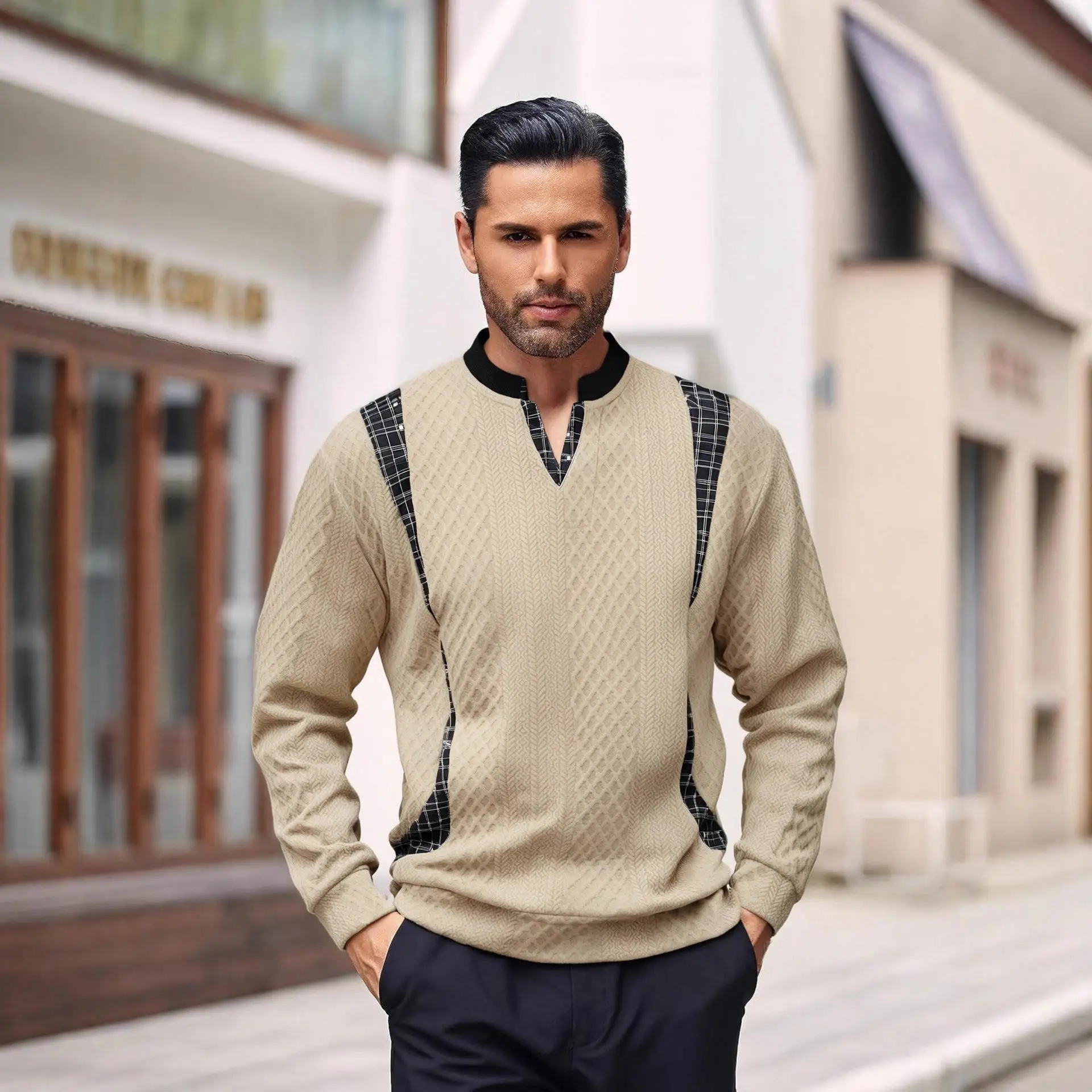 

New Men's Hoodie Knitted Sweater V-Neck Color Block Independent Station Bestseller Fashionable Top Cross-Border Male Clothing