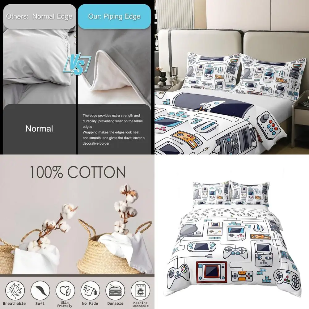 Queen Size Gaming Comforter Set for Boys: Cotton Video Game Themed Bedding with 2 Pillowcases