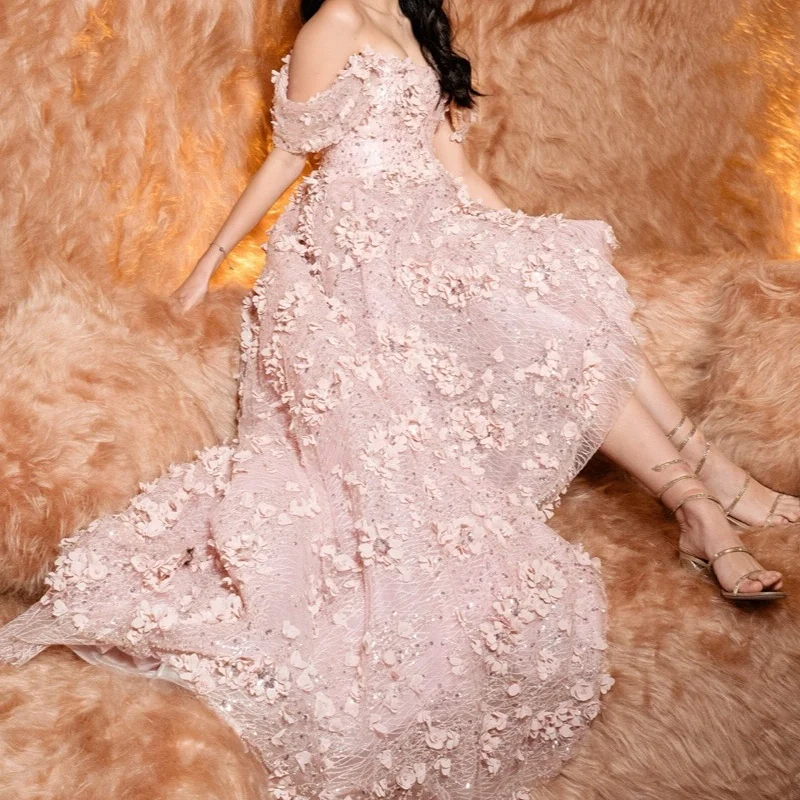 Shiny Pink Quinceanera Dress Lace 3D flower off-shoulder Tull glitter decal vestidos de 15 Quinceanera ﻿Customized