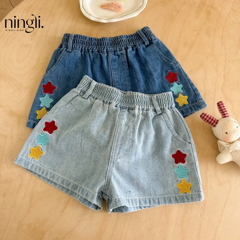 2026 Girls Star Patch Embroidered Color Dot Denim Shorts Summer Stylish Cute Cool Breathable Straight Leg Pants