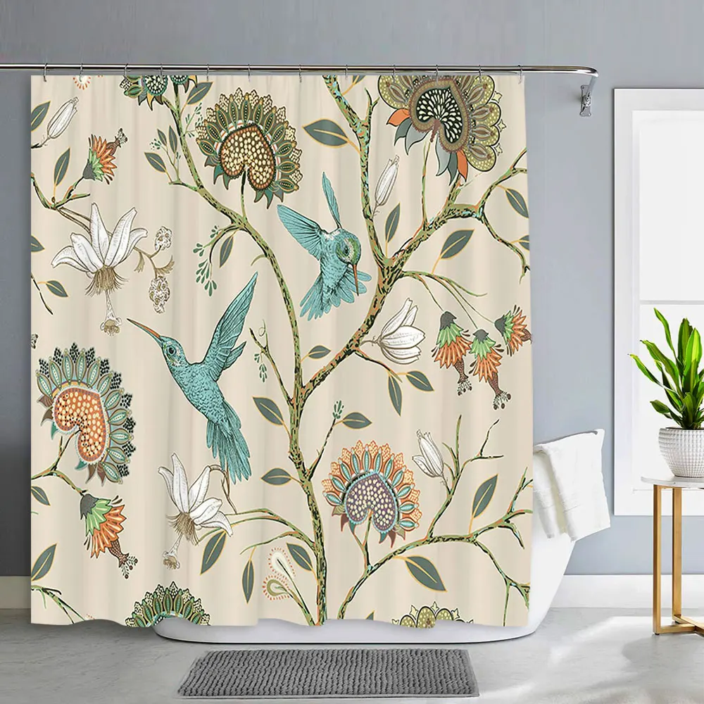 Flower Bird Shower Curtain Botanical Flower Leaf Home Decor Polyester Fabric Washable Shower Curtains Bathroom Decor With Hooks